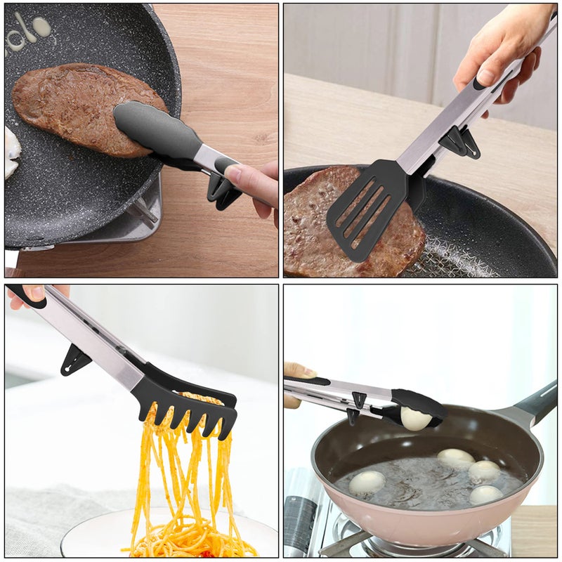 Aschef مجموعة ملقط طعام للمطبخ من الفولاذ المقاوم للصدأ 4 في 1 للطهي مع أطراف من السيليكون، محمصة شريحة لحم، فطيرة بيتزا، معكرونة، سباغيتي، نودلز، سلطة فواكه، خضروات، شواء، مشبك بوفيه، أدوات تقديم الأدوات - Image 2